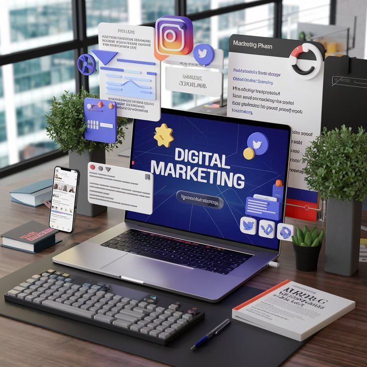 Freelance digital marketer managing online marketing campaigns remotely from a laptop.